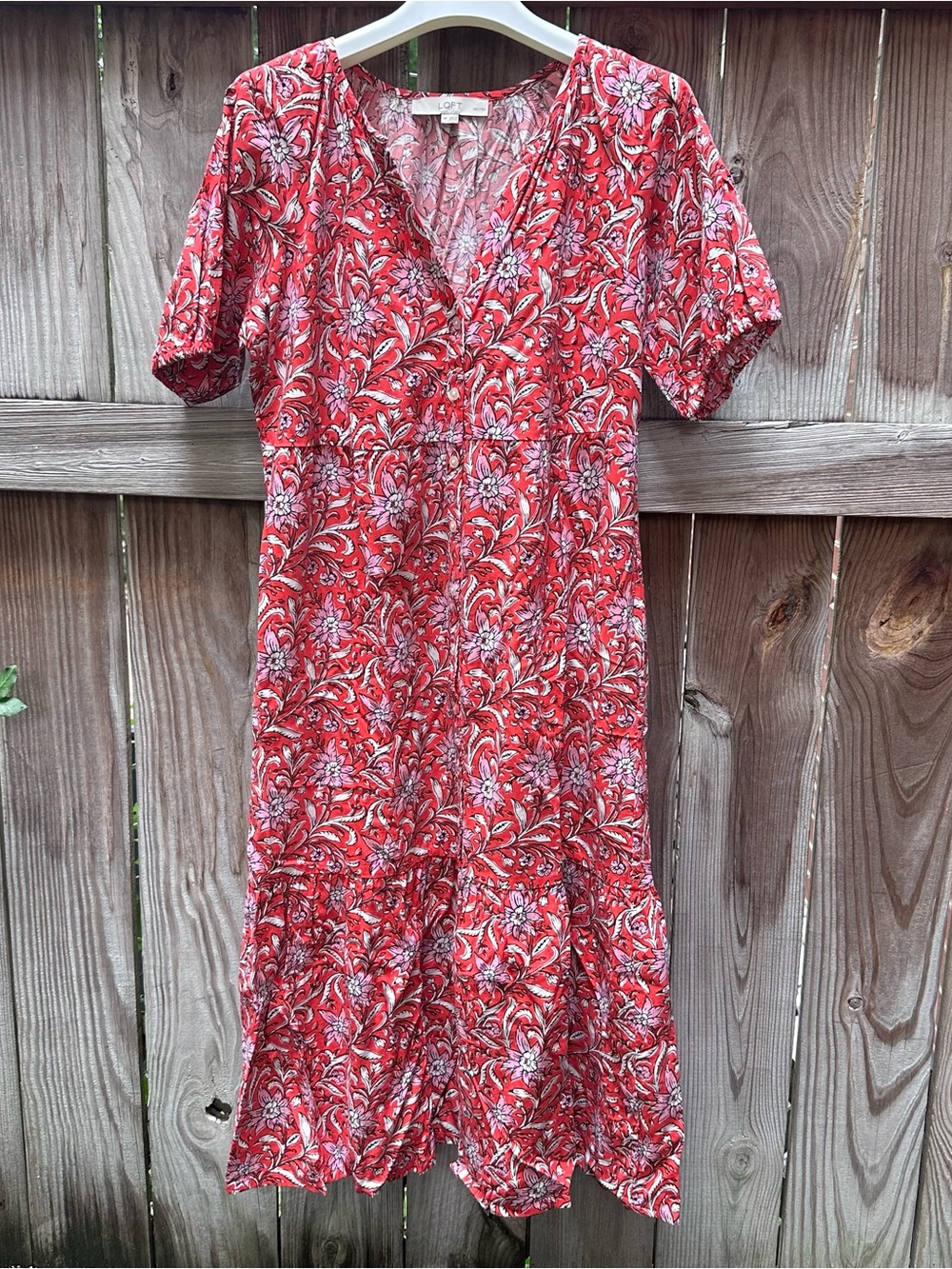 LOFT Red Floral V-Neck Tiered Midi Dress